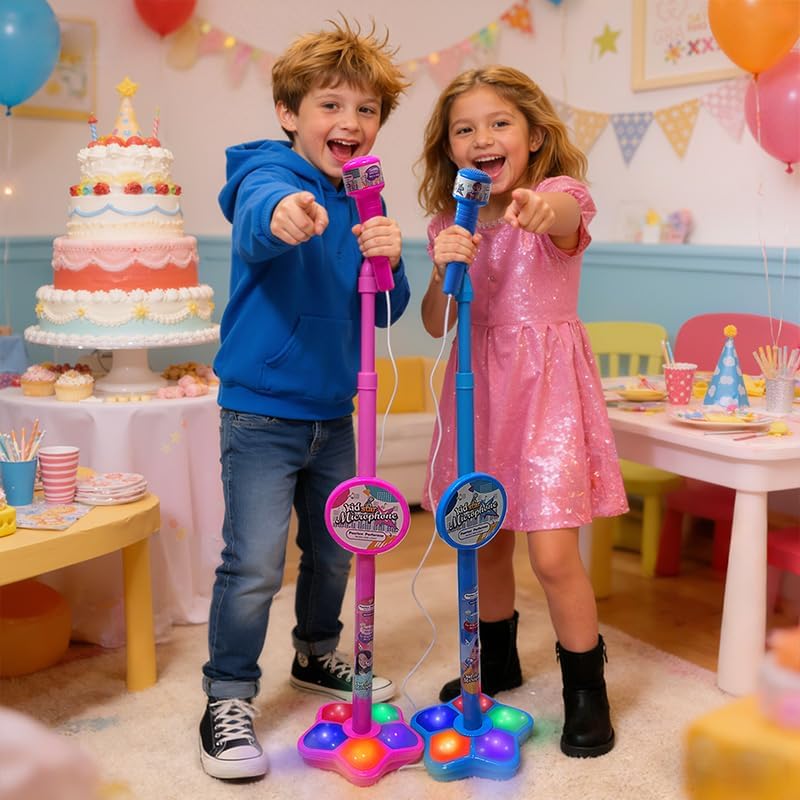 Kids Microphone with Stand, Toddler Karaoke Toy with Adjustable Height, Light-Up Base, Music Playback, Birthday Gift for Boys and Girls Ages 3+ (Blue)