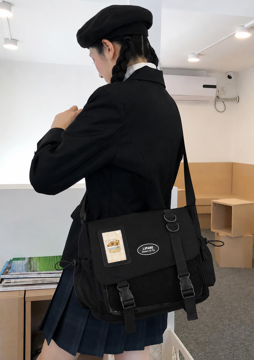Ita Messenger Bag for Women with Plush Penguin and 4 Decorative Pins, Aesthetic Crossbody Bag Y2K Style Purse image 3
