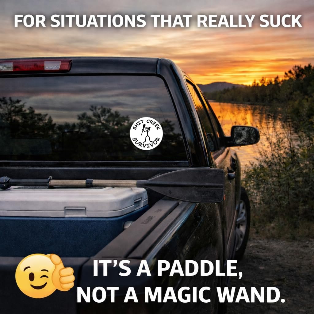 SH*T Creek Survivor Vinyl Decal – 5" Round Black & White Funny Survival Sticker – Waterproof Outdoor Vinyl for Car Windows, Bumpers, Laptop, Hard Hats, Toolboxes & Lockers