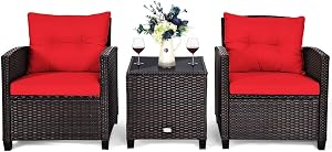 AUGESTER 3 PCS Patio Furniture Set, Outdoor PE Rattan Wicker Conversation Sofa Set w/Washable Cushion and Tempered Glass Tabletop, All Weather Chat Sofa for Garden Poolside Balcony Porch Bistro (Red)