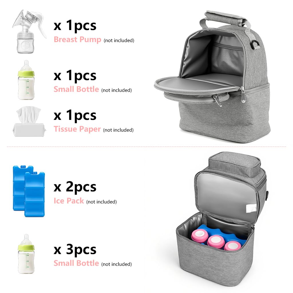 Zibuyu® Breastmilk Storage Bag with Ice Pack, Double Layer Breastmilk Warmer Insulated Bag with Strap, Fits 6 Ounces Bottles, Waterproof Breast Mommy Diaper Backpack Bento Box Backpack, Grey 3