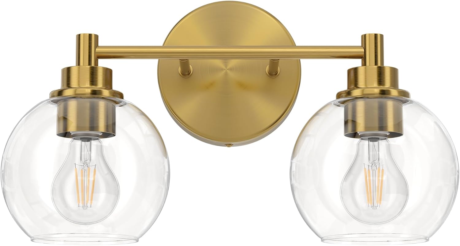 VONLUCE Bathroom Light Fixtures, 2-Light Vanity Light with Globe Glass Shades E26 Sockets, Bathroom Lights Over Mirror for Bedroom Hallway Living Room, Gold Finish