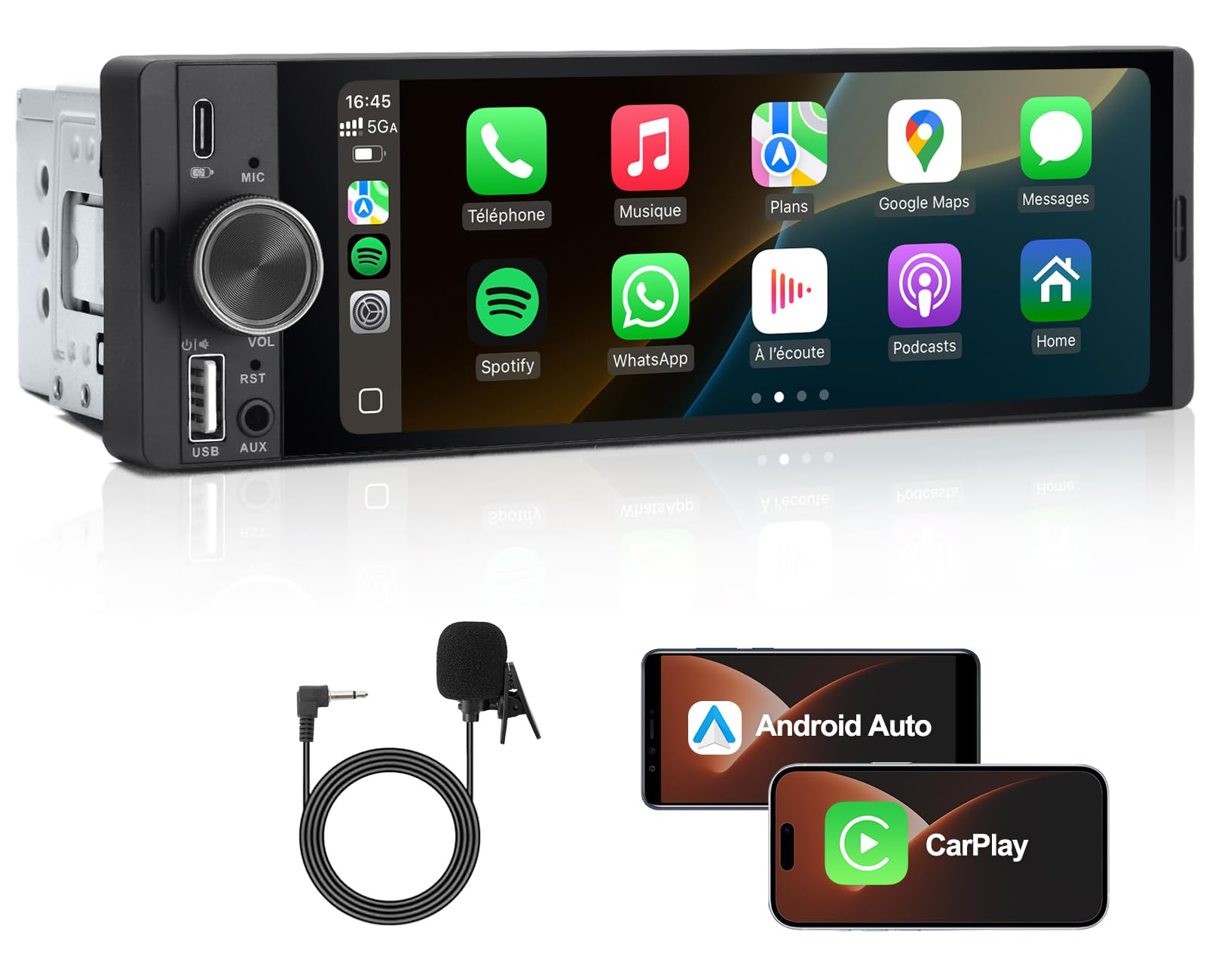 Bluetooth Autoradio 1 DIN, 6,36" CarPlay Voiture & Android Auto sans Fil