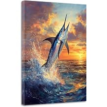 CGXLB Marlin Wall Art Jumping Blue Marlin Pictures Ocean Wall Decor Coastal Fishing Canvas Prints Marine Life Paintings for Home Office Living Room 12"x18"