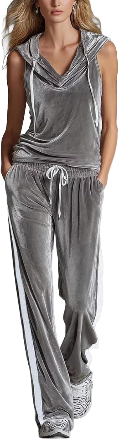 Women's Velvet 2 Piece Set Elegant V Neck Hooded Sleeveless Top and Pants Velvet Set Jogging Suit Sets Velour Tracksuit 2000s