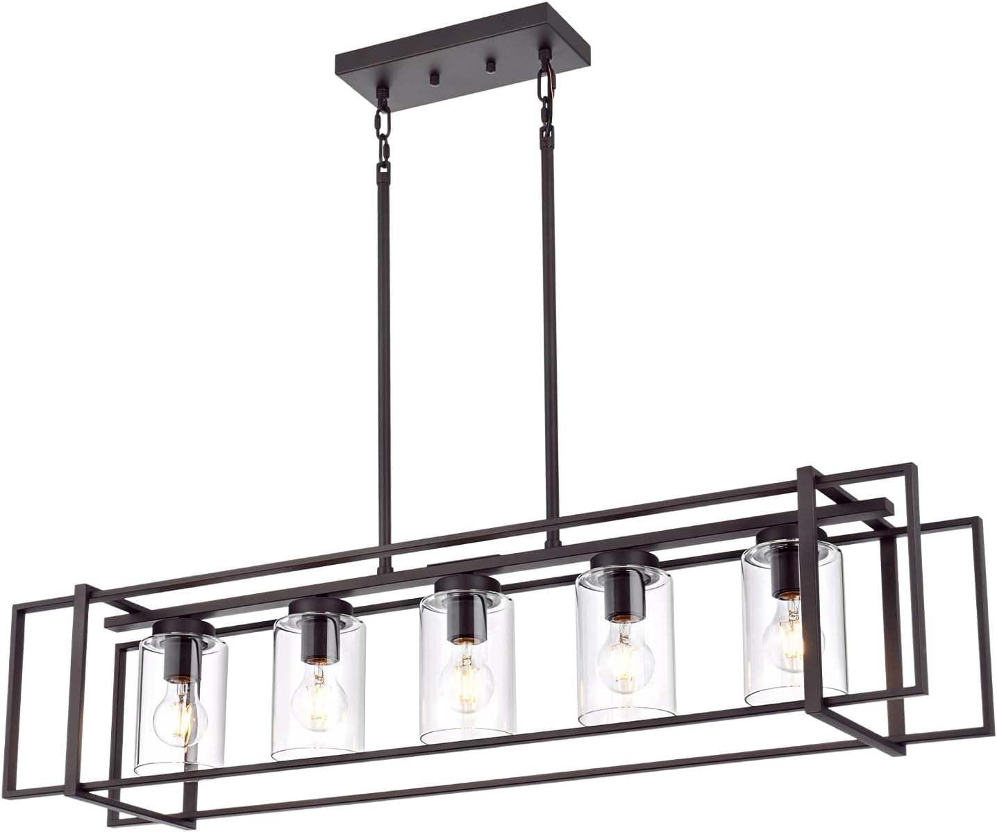 5-Light Farmhouse Kitchen Island Light, Oil Rubbed Bronze Rectangular Pendant Chandelier with Clear Glass Shades, Adjustable Vintage Hanging Fixture for Dining Room