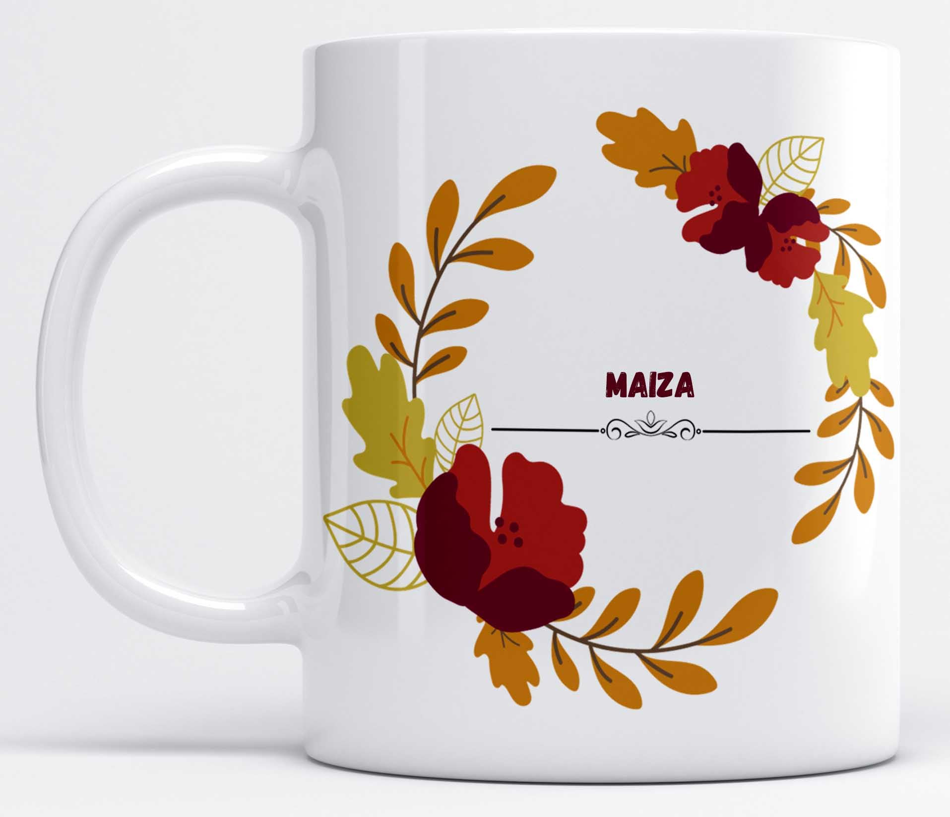 LOROFY Name MAIZA Printed Maroon Floral Design White Ceramic Coffee Mug (350ML)