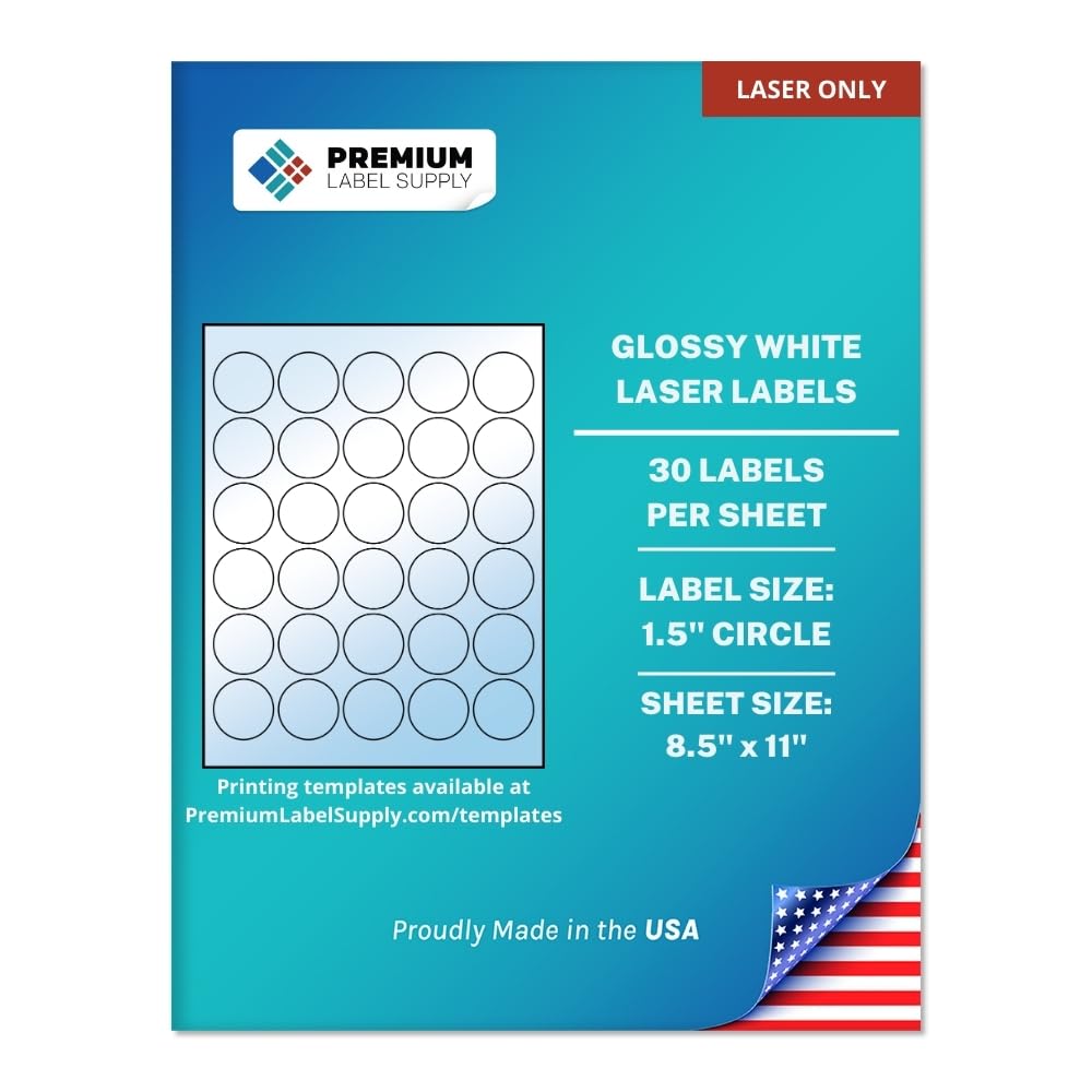 Premium Label Supply Glossy White Sticker Round Labels – 1.5" Circle – (30 per Sheet) (Glossy White for Laser Only, 300 Labels)