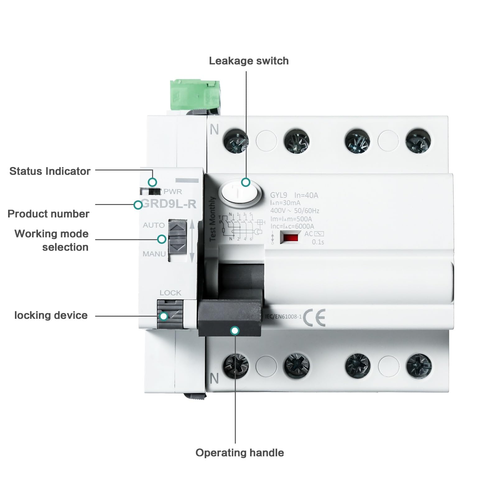 DEWIN Interruttore Differenziale a Riarmo Automatico 40A 30mA Salvavita Riarmo Automatico Interruttore Differenziale Salvavita RCCB 4P AC400V
