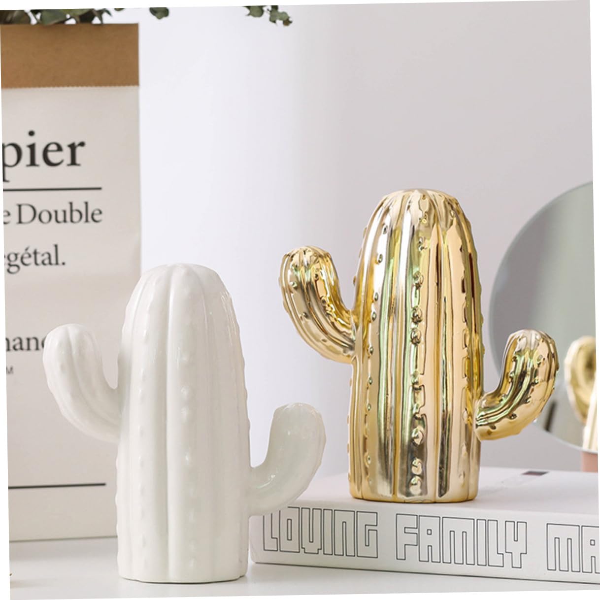 Gatuida Keramik Spardose Kaktus Desktop Spartopf Goldfarben Münzbehälter Heimornament für Wohnzimmer Dekoration und Foto Requisiten