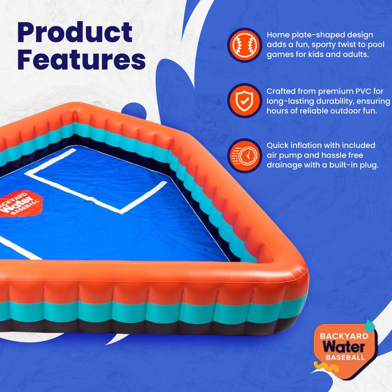 Backyard Water Baseball Inflatable Pool – Home Plate-Shaped Blow-Up Backyard Baseball and Swimming Games – Durable Plastic Pool for Kids and Adults – Includes Electric Air Pump