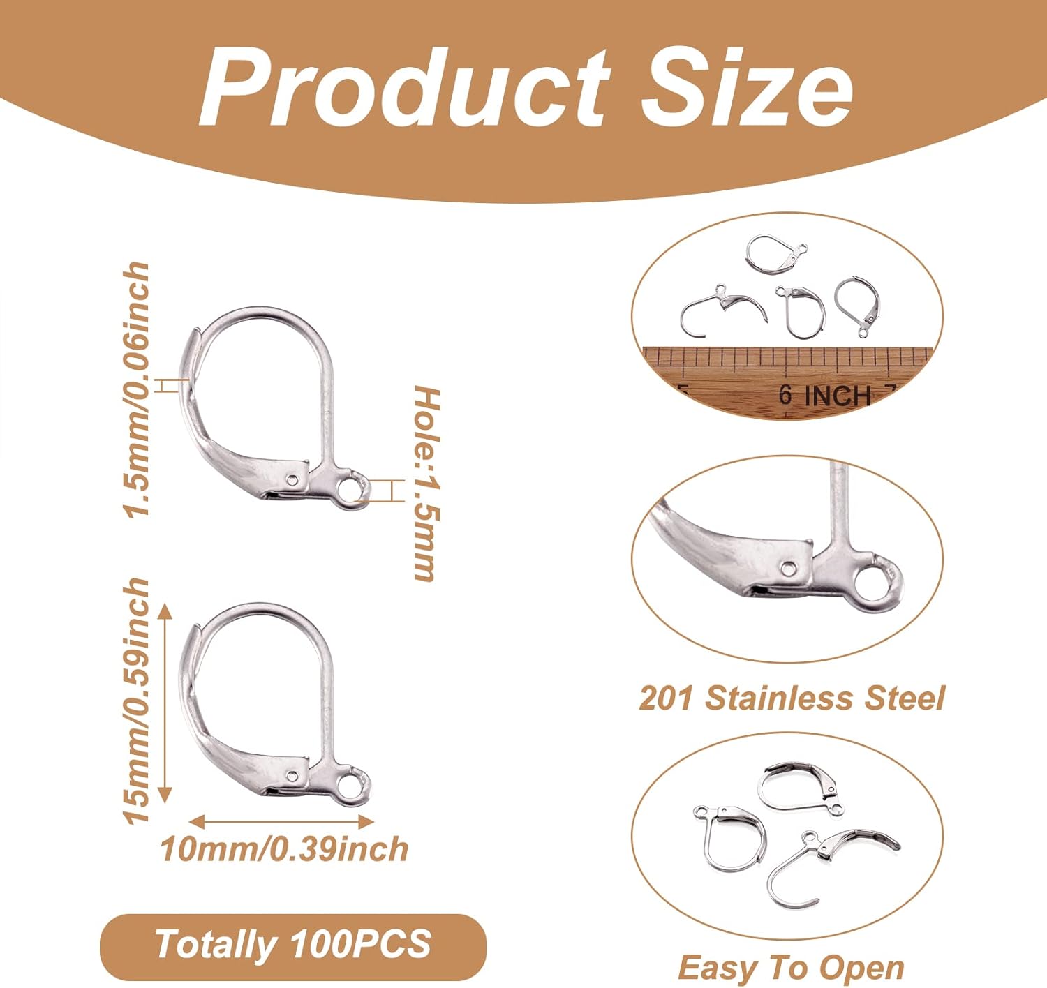 Pandahall 100pcs Stainless Steel Lever Back Hoop Earrings Surgical Earring Components for Jewelry Makings 13x10x1.5mm - Image 2