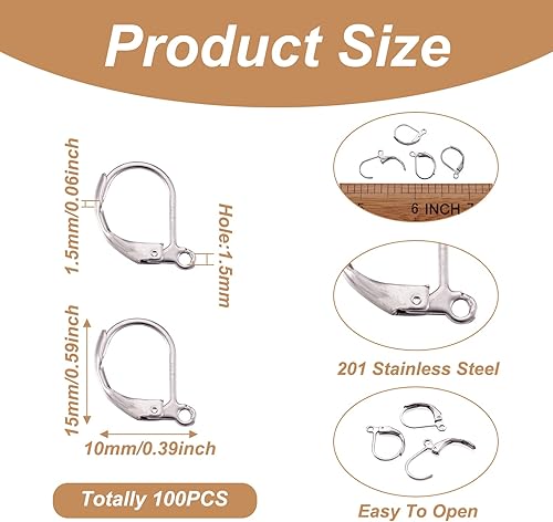 Miniatura 2 de Pandahall - 100 aretes de aro quirúrgicos de acero inoxidable para fabricación de joyas, 0.512 x 0.394 x 0.059 in