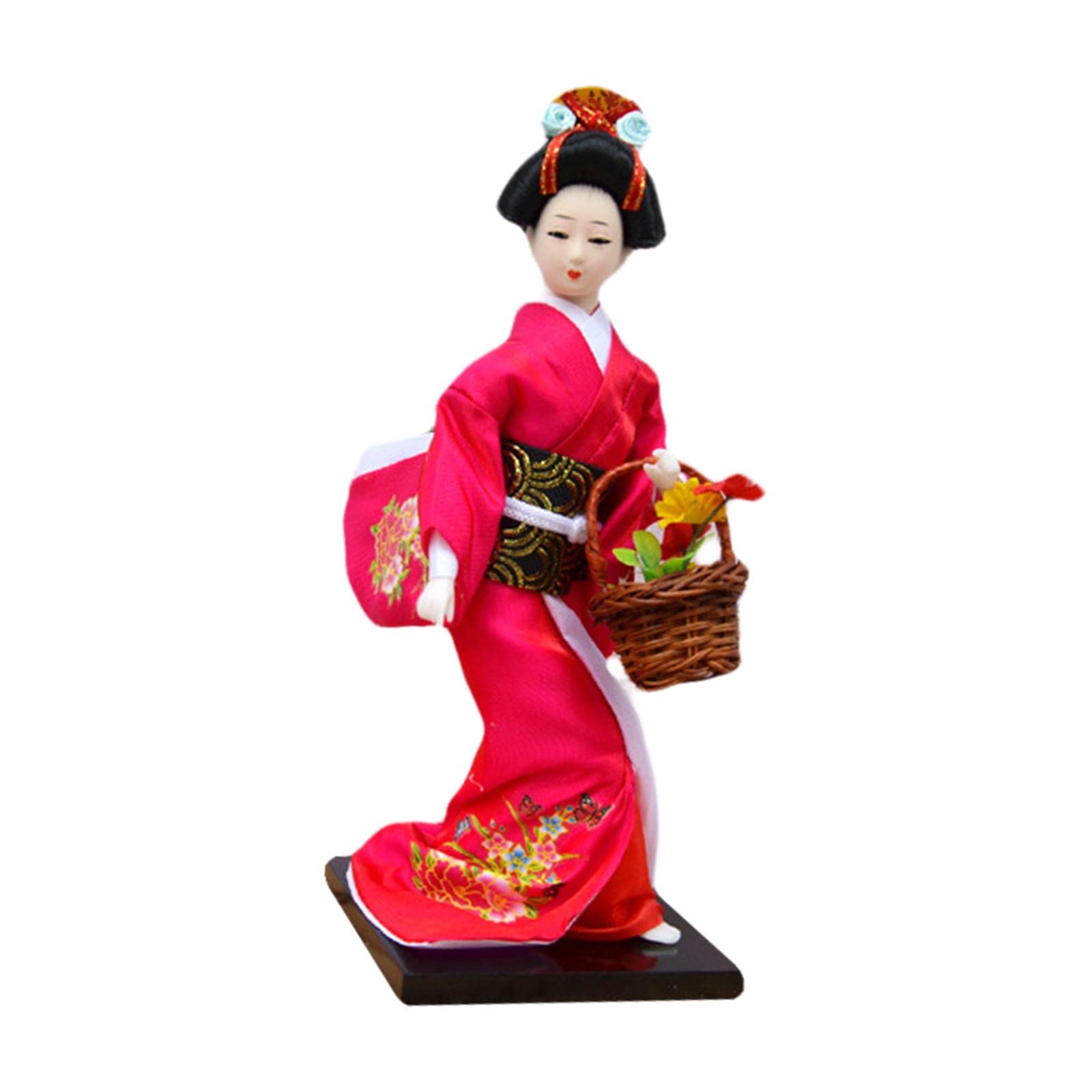 Japanese Geisha Doll in Traditional Kimono, 11 Inch Collectible Figure, Rose Red