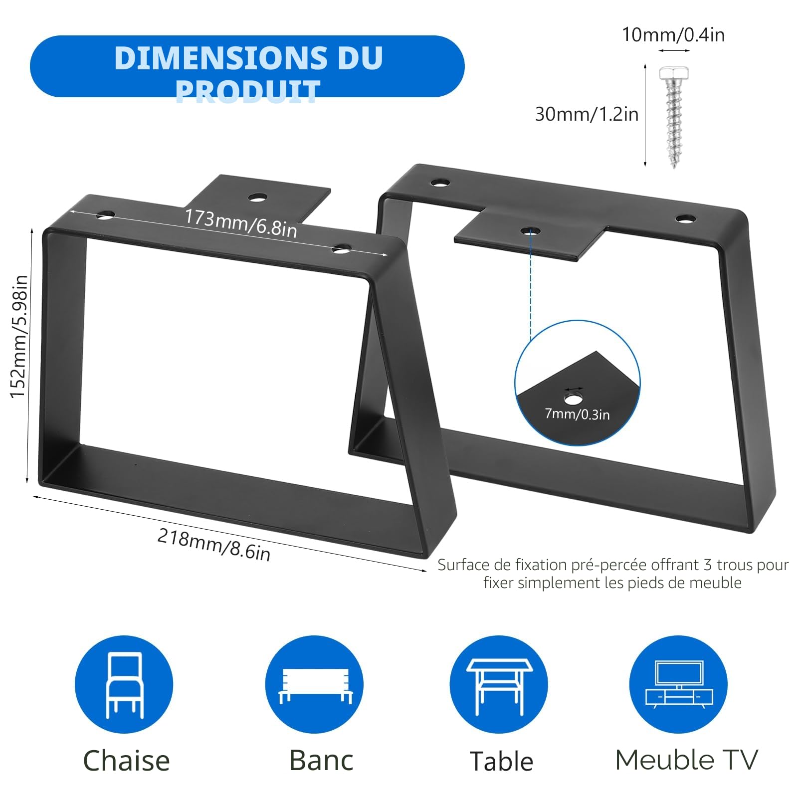 2 Pièces Pied de Meuble Trapézoïdaux, 15,2 cm Pied de Table, Pieds de Meubles, Pied de Table Metal, Pied Canapé, Pieds Meuble Cuisine Noir pour Armoires Meubles Table(15,2cm)