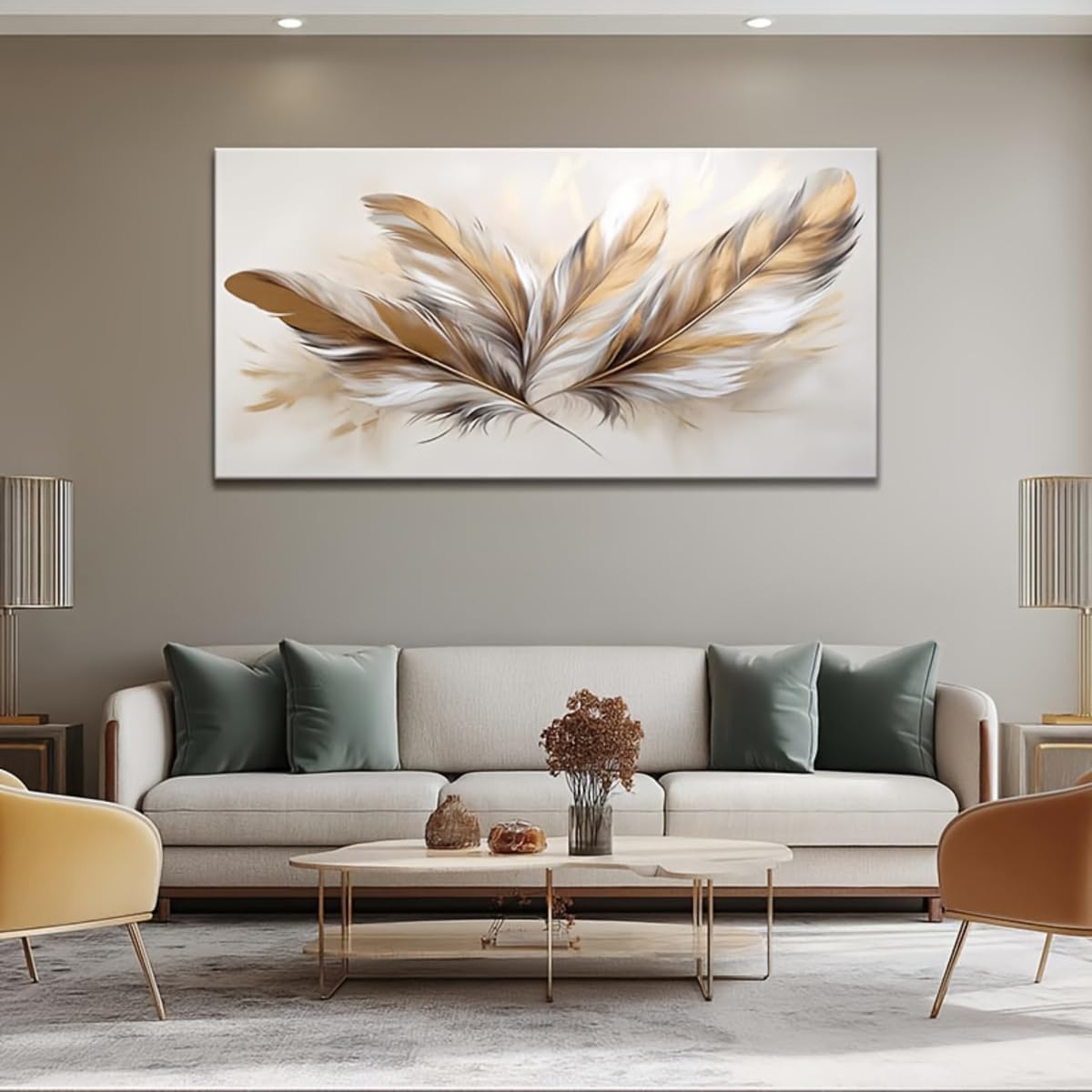 LMYSXAOZ Modern Gold Feather Canvas Wall Art Horizontal for Living Room, Large Prints, Aesthetic Art(55x110cm/Frameless)