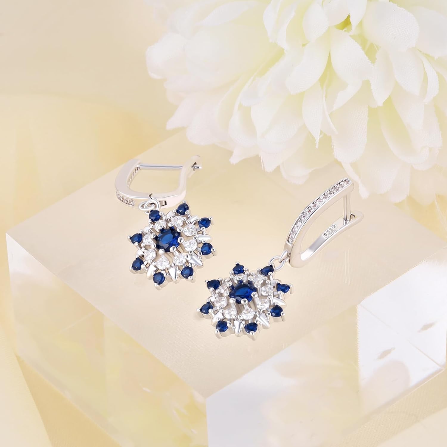 Sterling Silver Flower Hoop Dangle Earrings for Women Hypoallergenic Sparkly Cubic Zirconia Hoop Charms Earrings Lightweight Classic Dainty CZ Floral Loop Dangling Earring Gifts for Bride Wife Wedding - Image 5