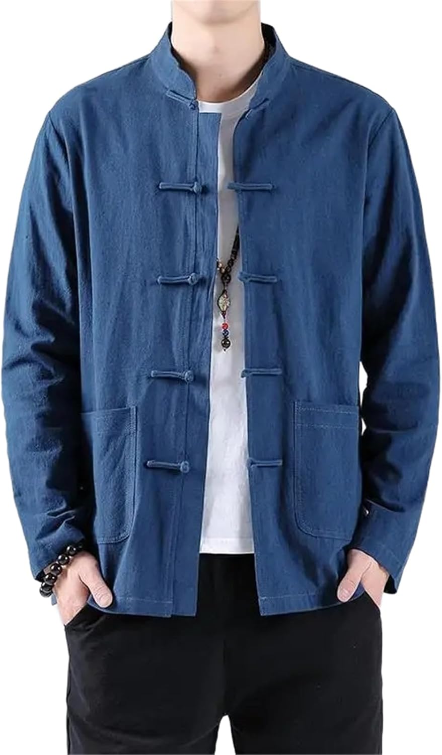 Chinese Style Men's Linen Shirt Spring and Autumn Chinese Loose Long-Sleeved Shirt Retro Style Tang Suit Top