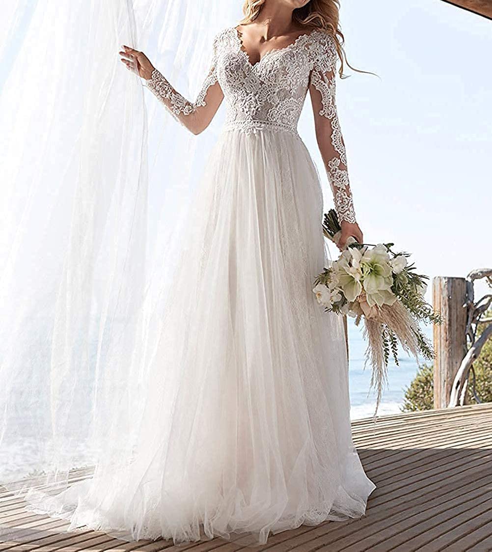 Vestido de Playa de Manga Larga de Encaje Retro Vestido de Novia Bohemio, WZEFEIO, Marfil, 50