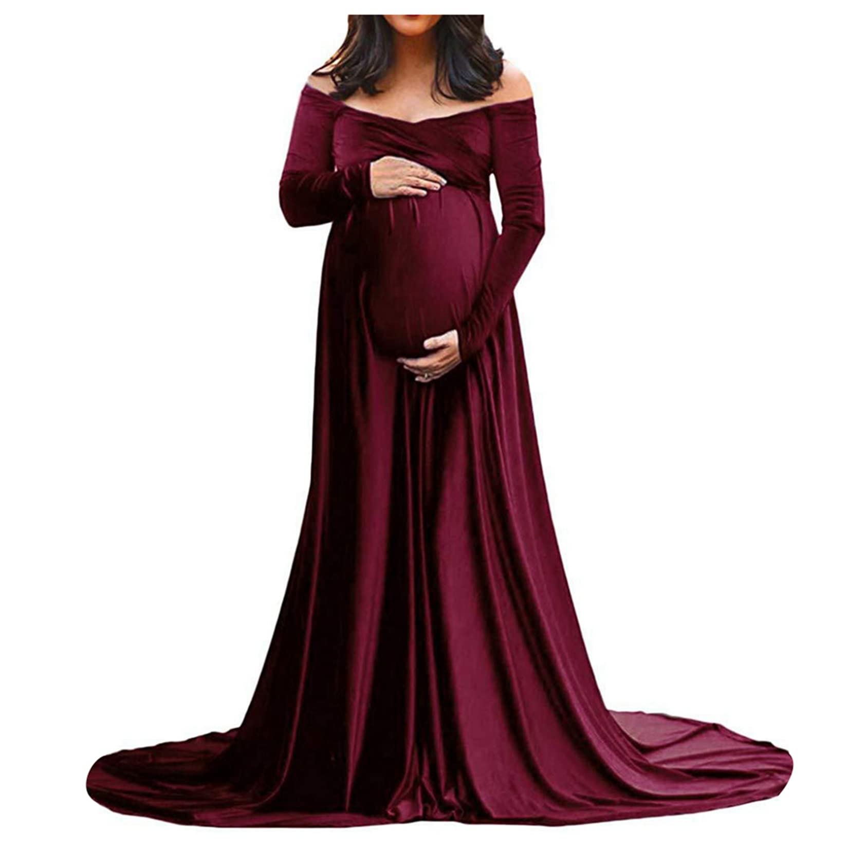 Frauen Mutterschaft Kleid für Foto-Shooting Solid Samt Foto-Shooting Schwangerkleid Wrap Maxi Kleid V-Ausschnitt Umstandskleid