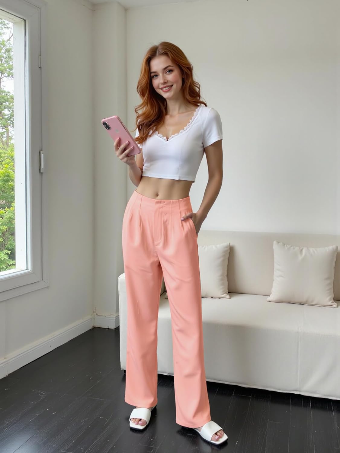 Women's Elastic Waist Wide Leg Lounge Pants - High Waisted Casual Long Pants with Pocket | Soft Palazzo Trousers - Image 6