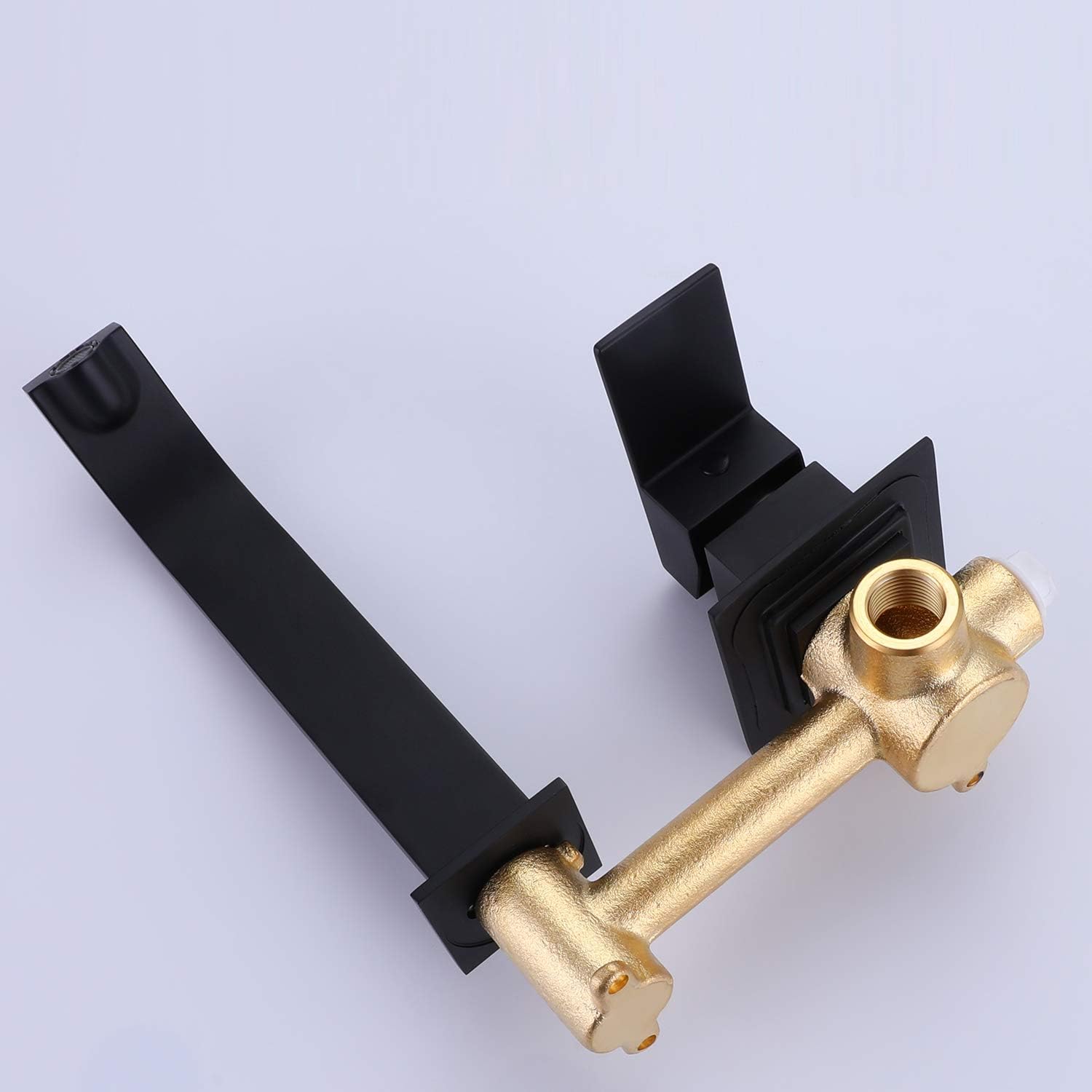 WELLFOR Single-Handle Bathroom Faucet, Wall Mount Bathtub Basin Vanity Sink Faucet, Solid Brass Widespread Faucet, Waterfall Bathroom Faucet (Rough-in Valve Included), Matte Black