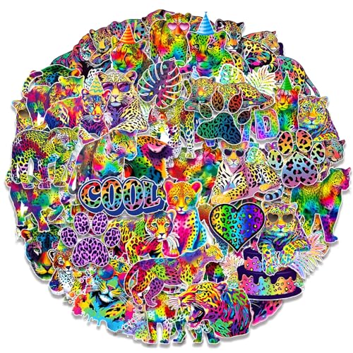 Neon Cheetah Stickers 60Pcs Rainbow Cheetah Party Decorations & Gifts Leopard Print Stickers Neon Rainbow Leopard Jungle Safari Animal Decals for Laptop Guitar Water Bottles Car Bumper Luggage