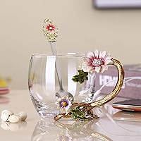 JY-Danbady Enamel Sunflower Crystal Lead-Free Glass Tea Mug Set with Spoon - 11oz Gift for Mom, Grandma, Christmas & Valentine's