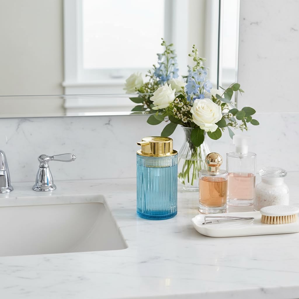 Foaming Soap Dispenser, 12 Oz Blue Glass Foam Hand Soap Dispenser, Refillable Glass Foam Pump Bottle Container Decorative Slim Ribbed Bottle for Bathroom and Kitchen