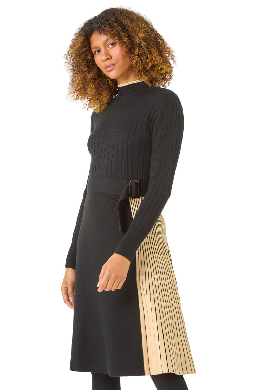 Roman Originals Contrast Panel Belt Knitted Dress for Women UK - Ladies Everyday Autumn Winter High Neckline Comfy Soft Evening Vacation Work Party Night Out - Camel - Size 18