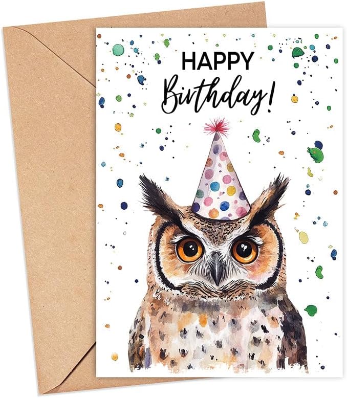 Owl Birthday Card With Party Hat - Happy Birthday Card - Owl Gift - Zoo Safari Animal Birth - Zoo Greeting Cards - Owls Watercolour Cards - Animal Lover Birth Gift