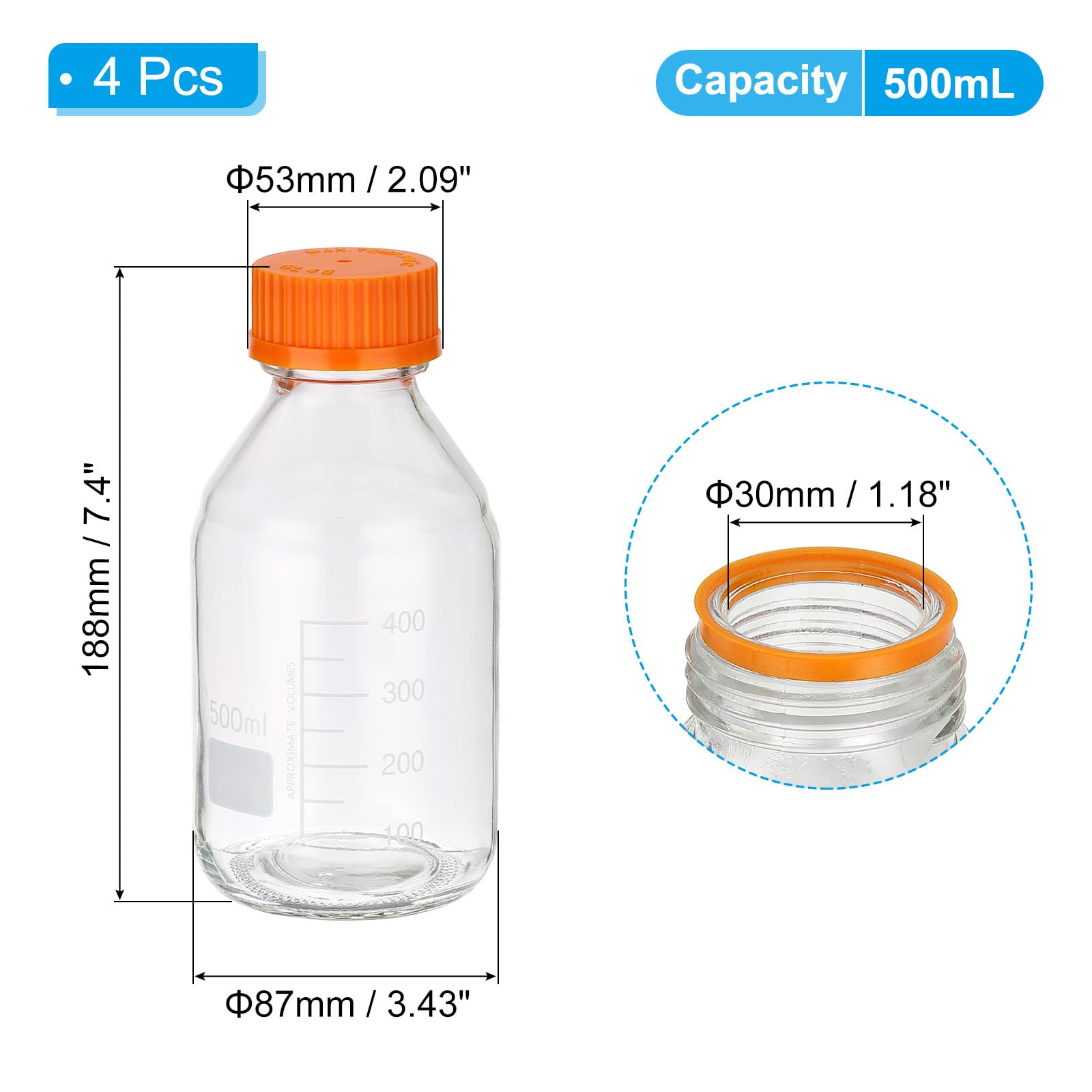 PATIKIL 4 Pack Flacons De Stockage Pour Milieux Réactifs, 500ml Bouteilles Graduées En Verre Borosilicaté Avec Bouchon Visse Orange GL32 Pour Liquides Réactifs De Laboratoire, Transparent