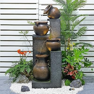 Bumilgar 53" H Outdoor Garden Water Fountain for Garden, Patio, Backyard, Deck, Porch and Home Art Decor, 4 Tiers Cascading Large Outdoor Fountain with Lights,Gold