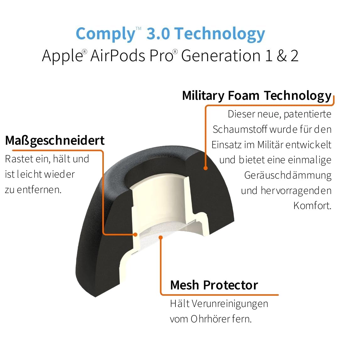 Comply 3.0 Premium piankowe zatyczki do uszu, kompatybilne z Apple AirPods Pro Gen 1 i 2, duży rozmiar, nowa edycja limitowana, Phantom Black, 3 pary, izolacja Superior Noise, Made in The USA