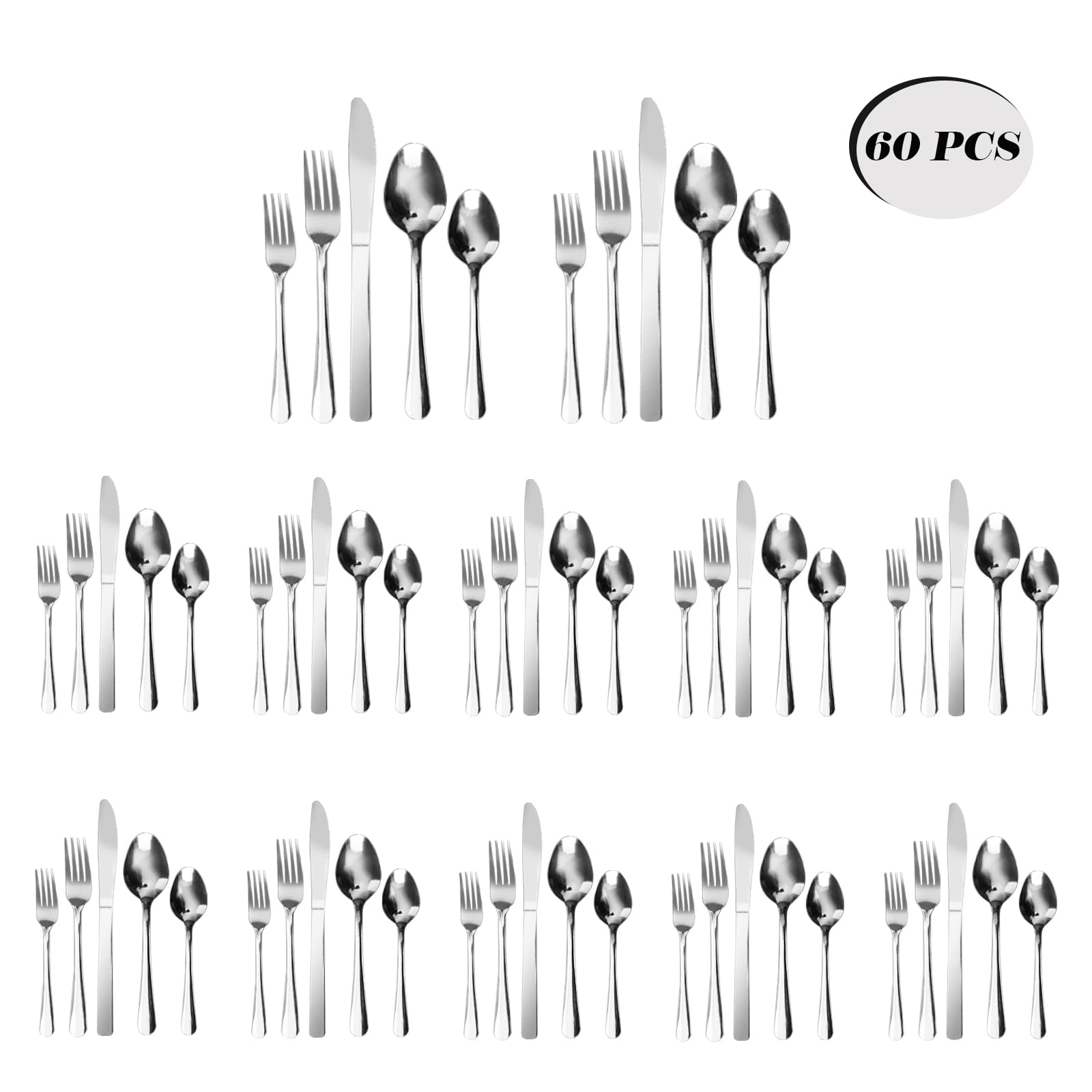 60-teiliges Edelstahl-Besteck-Set, Besteck-Set für 12 Personen, poliertes Besteck-Set für Weihnachten, Restaurant, Hotel, Party, Hochzeitszeremonie, Outdoor-Feier, spülmaschinenfest