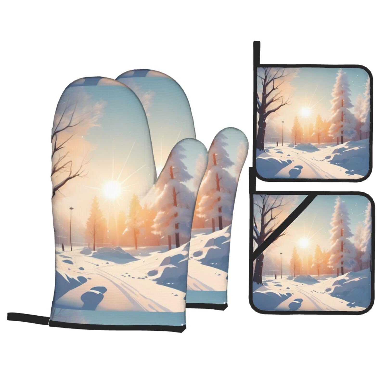 HJFCZH Winter Sunshine Picture Kitchen Baking Set of 4 Thick Insulated Oven Mitt & Pot Holders, Anti-Scalding for Microwave, Oven, Outdoor BBQ