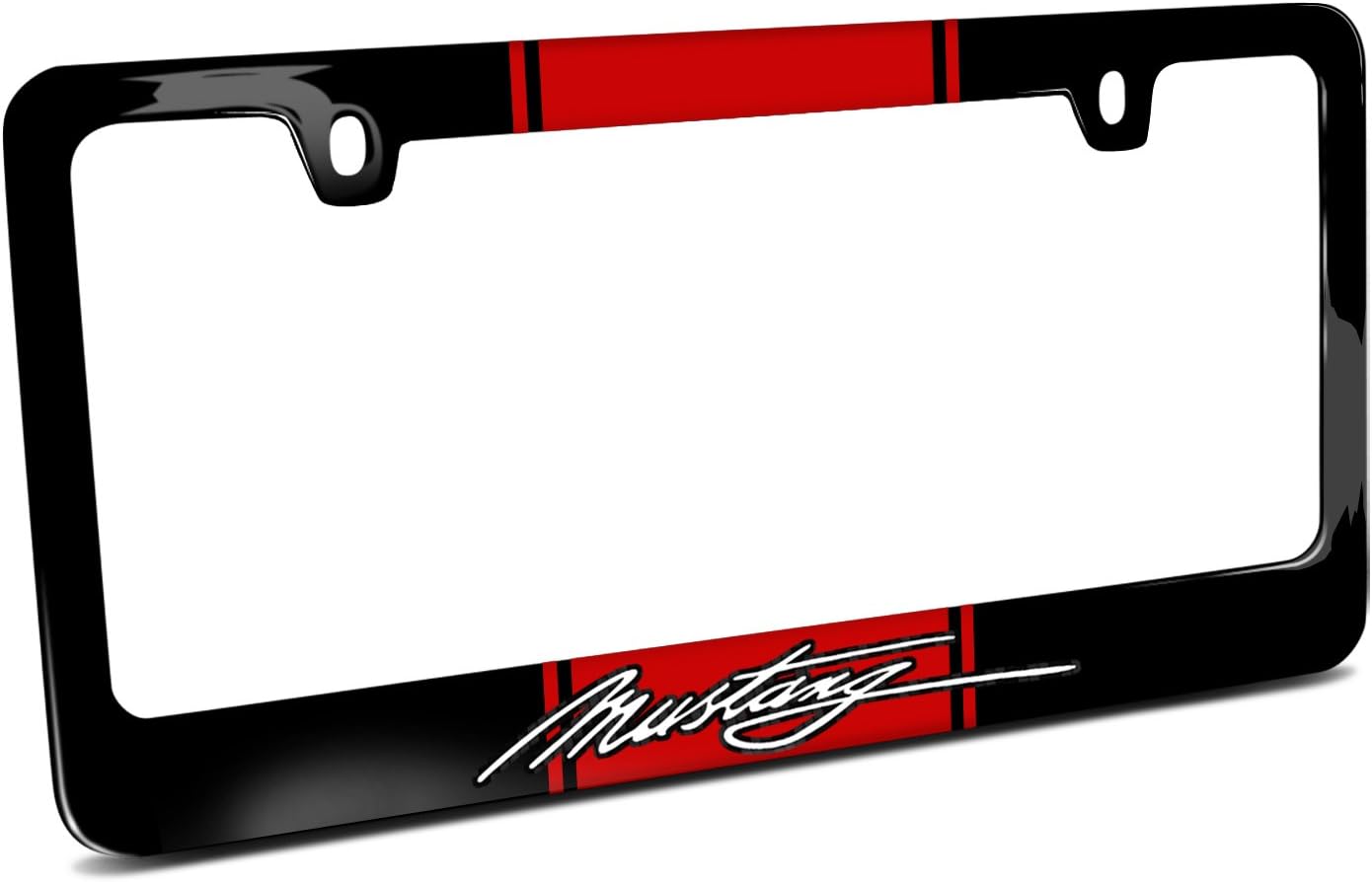 iPick Image Made for Ford Mustang Script Red Racing Stripe Black Metal License Plate Frame