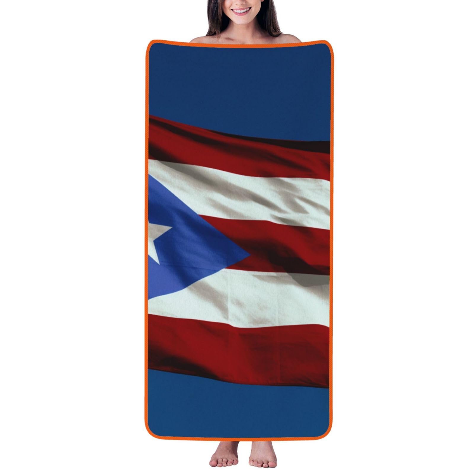 WPKJU Puerto Rico Flag Printed Bath Towel with Orange Edging - 27x55 in Soft Extra Absorbent Coral Velvet Shower Towels for Bathroom
