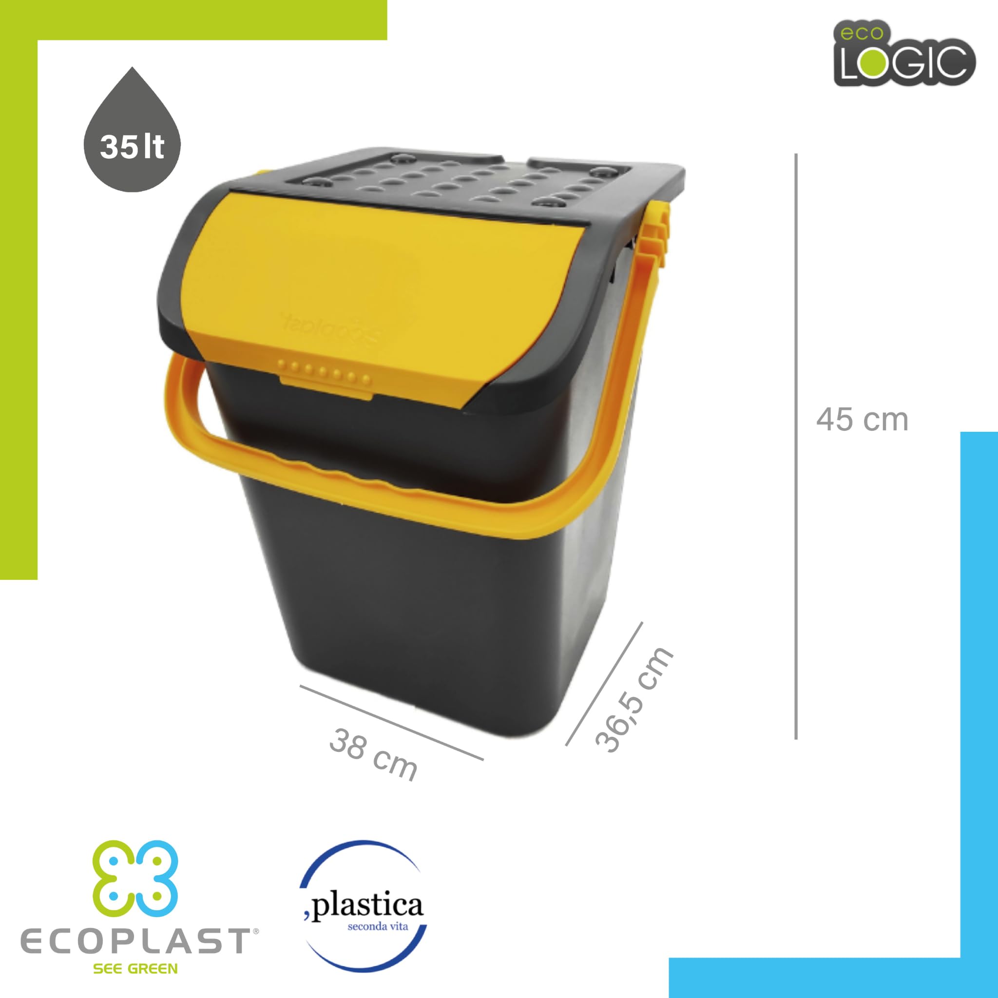 Ecoplast | Trío de cubos de basura para recogida selectiva 35 l, colores surtidos amarillo/verde/azul, 38 x 36,5 x 45 cm, fabricado en Italia