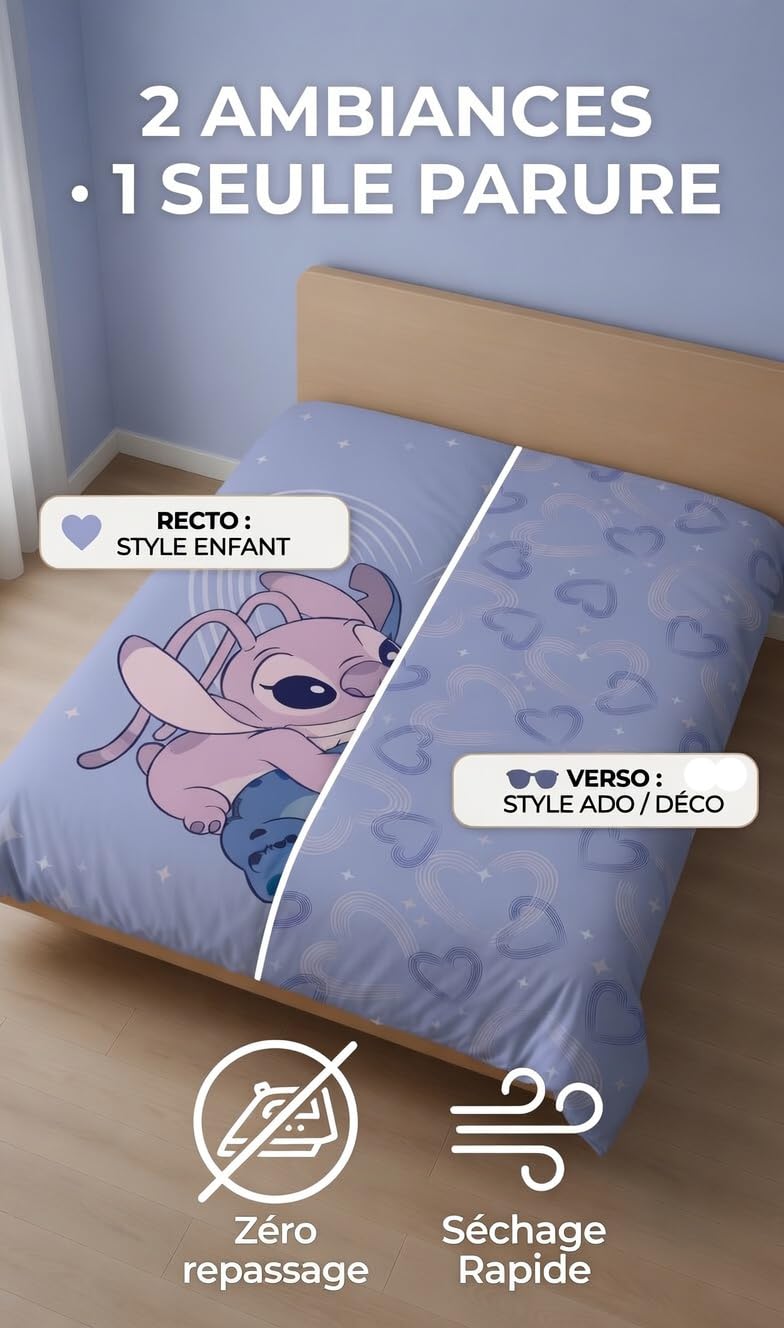 Stitch i Angel Pościel 140x200 + Poszewka 65x65 Polibawełna Oeko-Tex Disney | Odwracalna pościel jednoosobowa | Polibawełna Oeko-Tex szybkoschnąca | Disney | Nastolatki | Prezent | Do prania w pralce
