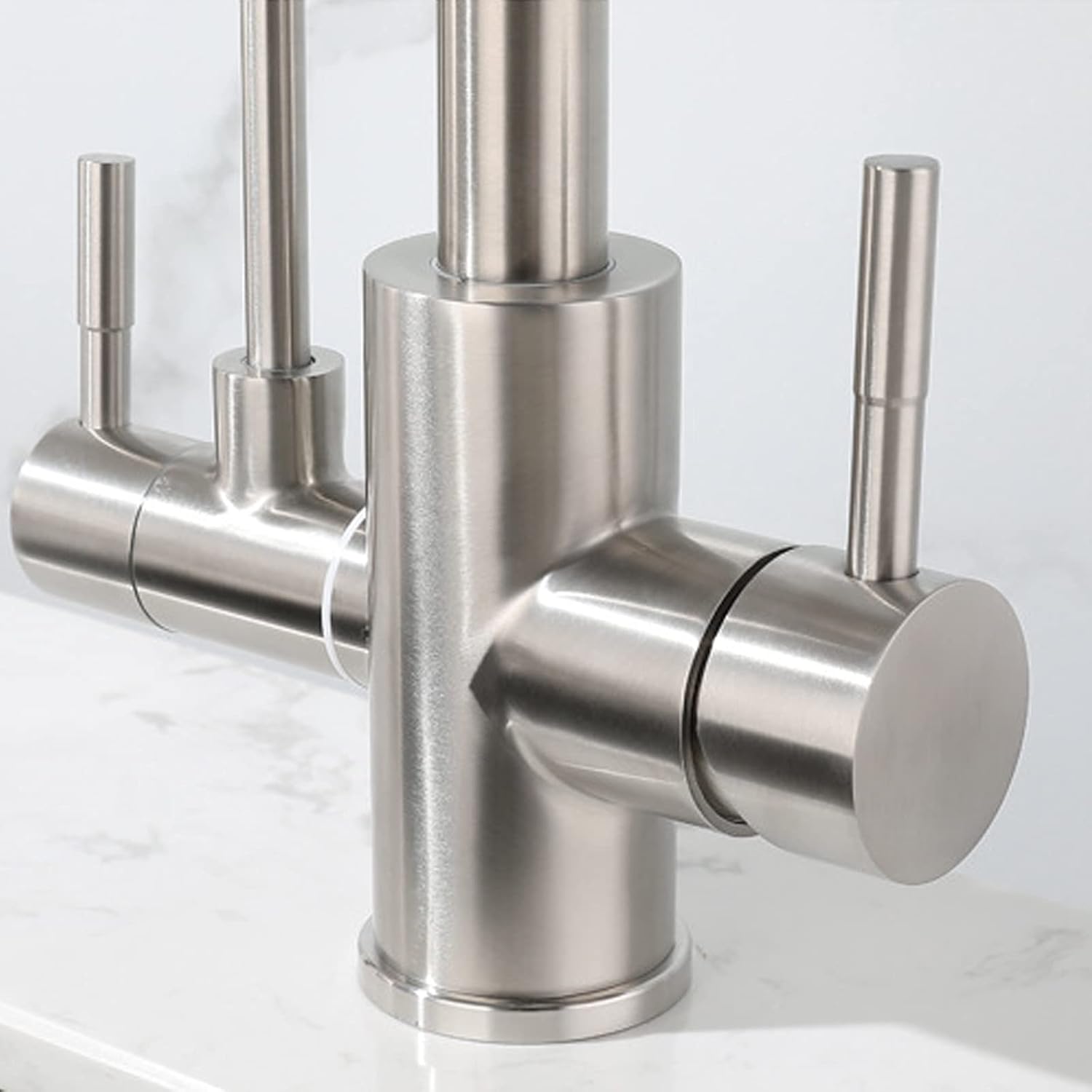 Kitchen Faucets, Drinking Water Faucet, 304 Stainless Steel Double Handle 1 Hole Sink, 360°Rotation Hot and Cold Mixer Tap, Brushed Nickel