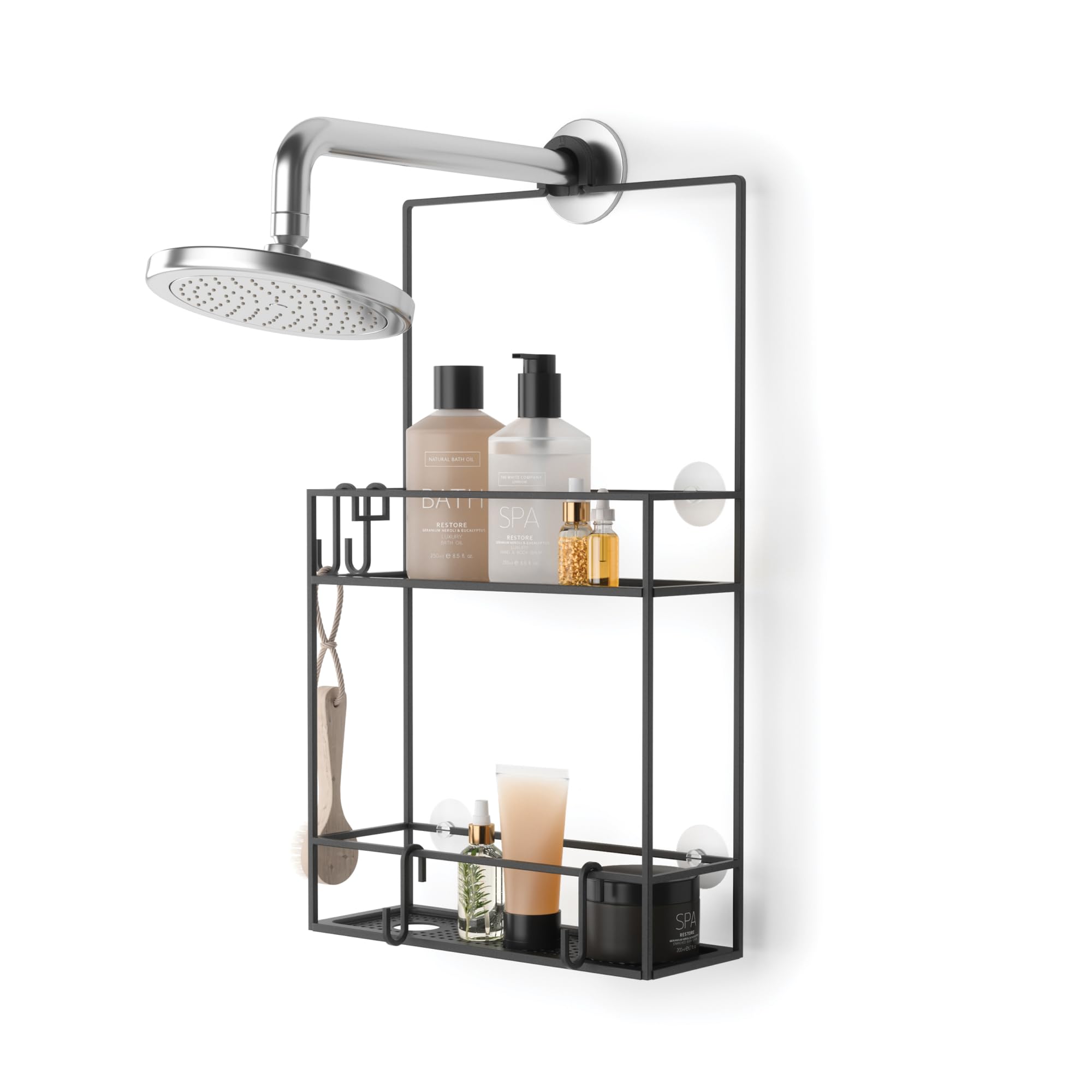 Umbra Cubiko Duschablage, Schwarz | Über dem Duschkopf oder Tür, integrierte Ablauflöcher, S-Haken für Rasierer und Schwamm, 2 Ablagefächer