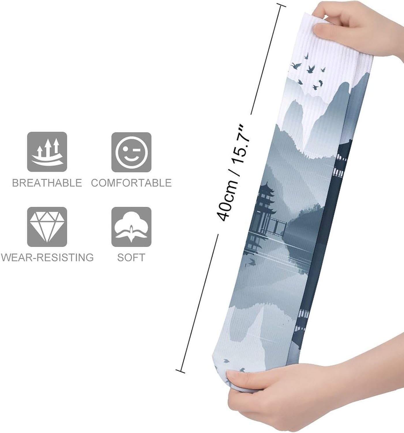 Breathable Crew Sock, Moisture Wicking, Athletic Calf Socks, Cozy | Chinese Style Landscape Compression Socks for Women Men, Lightweight High Work Socks for Business, Casual