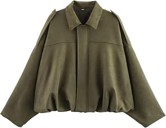 Womens Puffed Bomber Jacket Batwing Sleeves Lapel Collar Zip Front Pleated Oversized Shirts Trendy Lightweight Suede Blouse