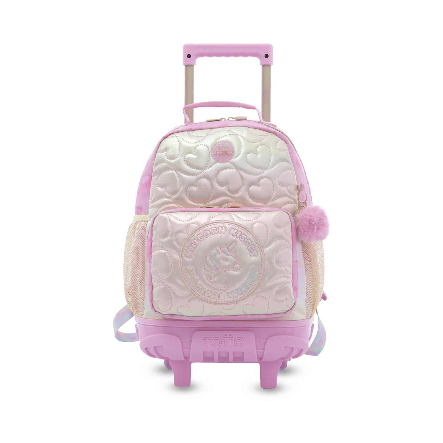 TOTTO - Mochila Escolar con Ruedas, Modelo Unicorn Kisses M, Mochila Mediana, Capacidad 23L, Bolsillos Botella, Compartimento Frontal, Protección en la Base, Correas Ajustables, Estampado Rosa