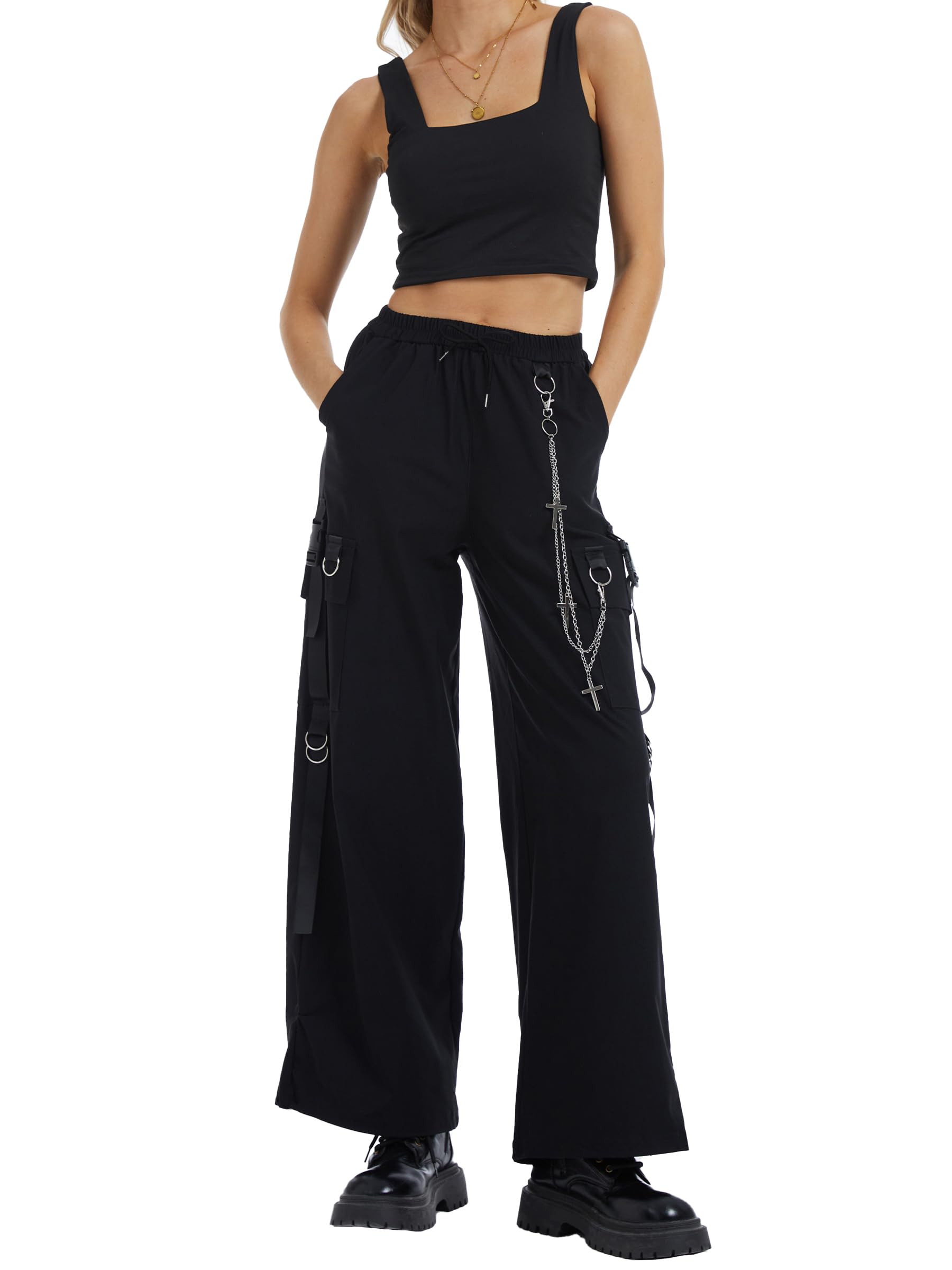 Women's Parachute Cargo Trousers - Gothic Baggy Oversized Pants Multipocket Street Hiking Work Trousers