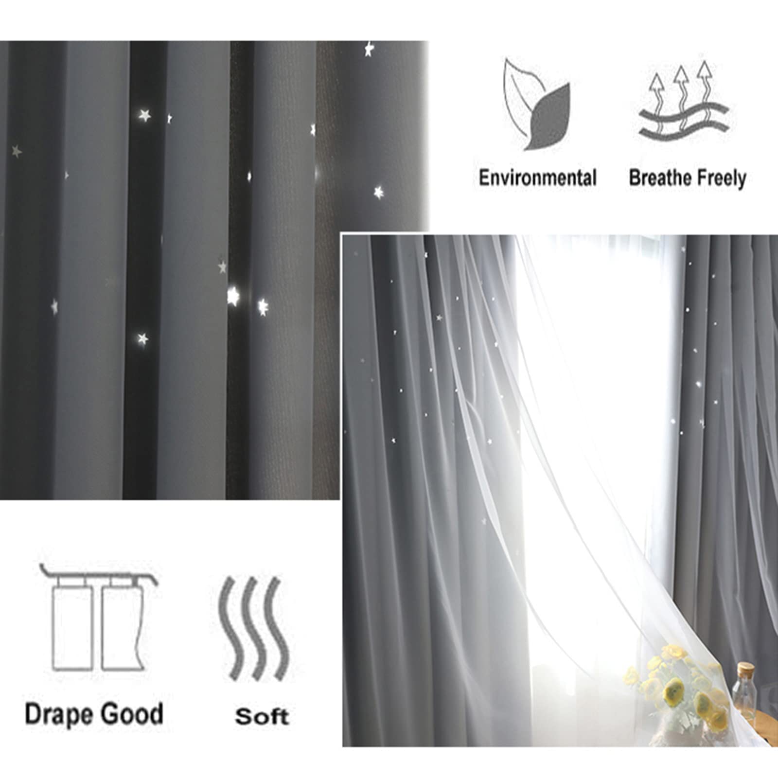 Rideaux occultants thermiques à double couche avec motif étoiles, voilages transparents pour chambre de fille et salon, 1 pièce, bloquant la lumière, design écoénergétique
