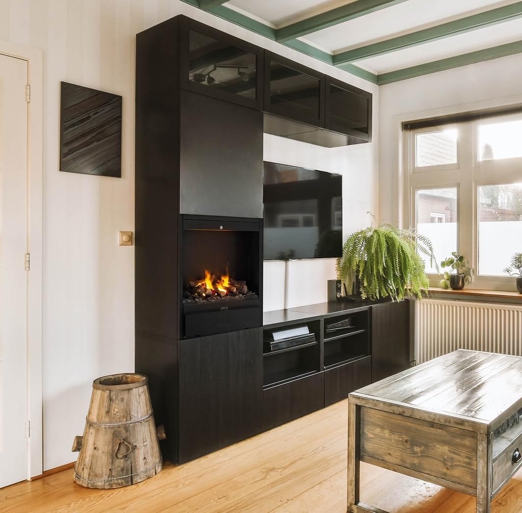 Xaralyn Albany ECO ABN15E Electric Fireplace Insert integrated into a modern black cabinet unit