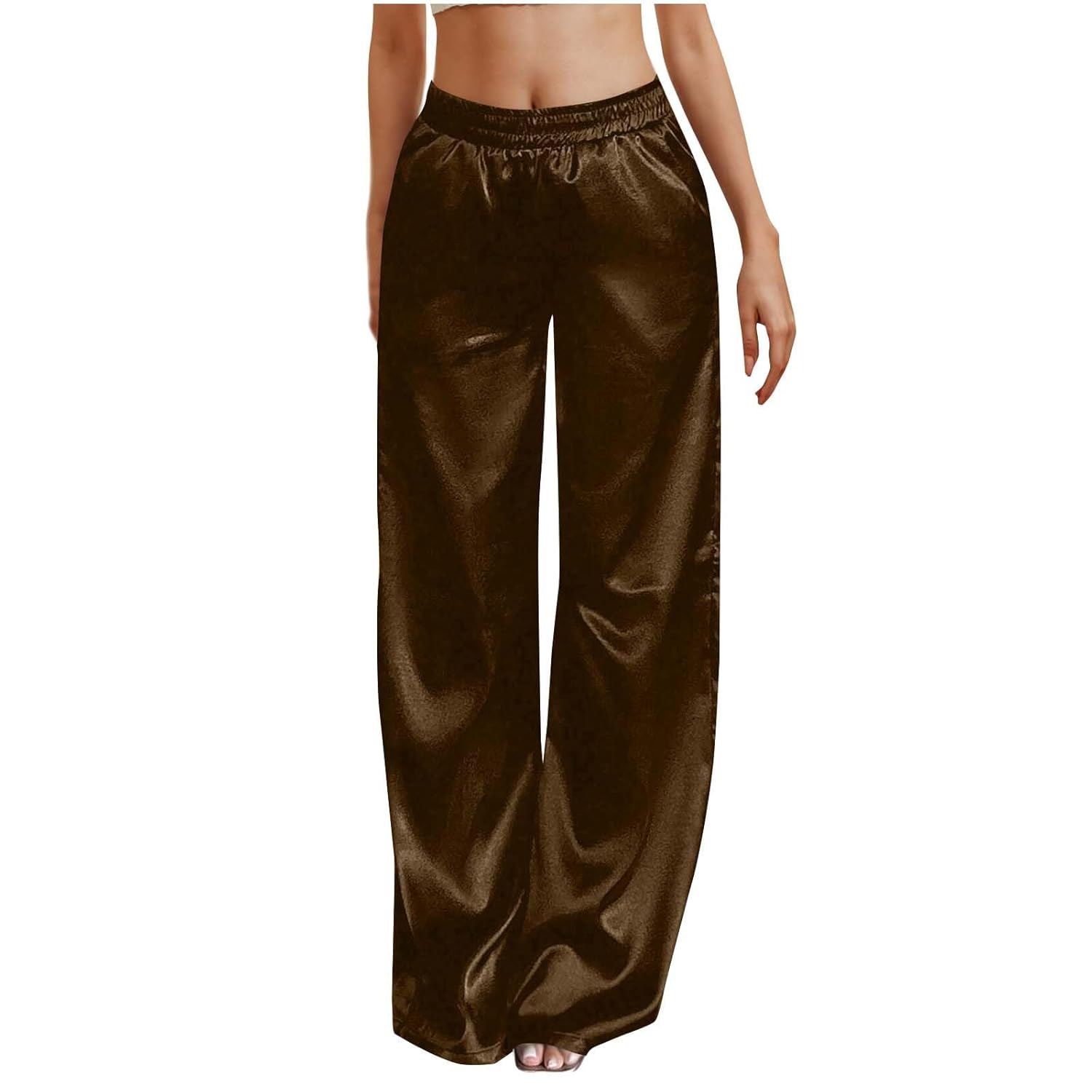 Womens Silk Satin Pajama Pants Wide Leg Bottoms Palazzo Lounge Pants Casual Loose Elastic Waist Trousers with Pocket