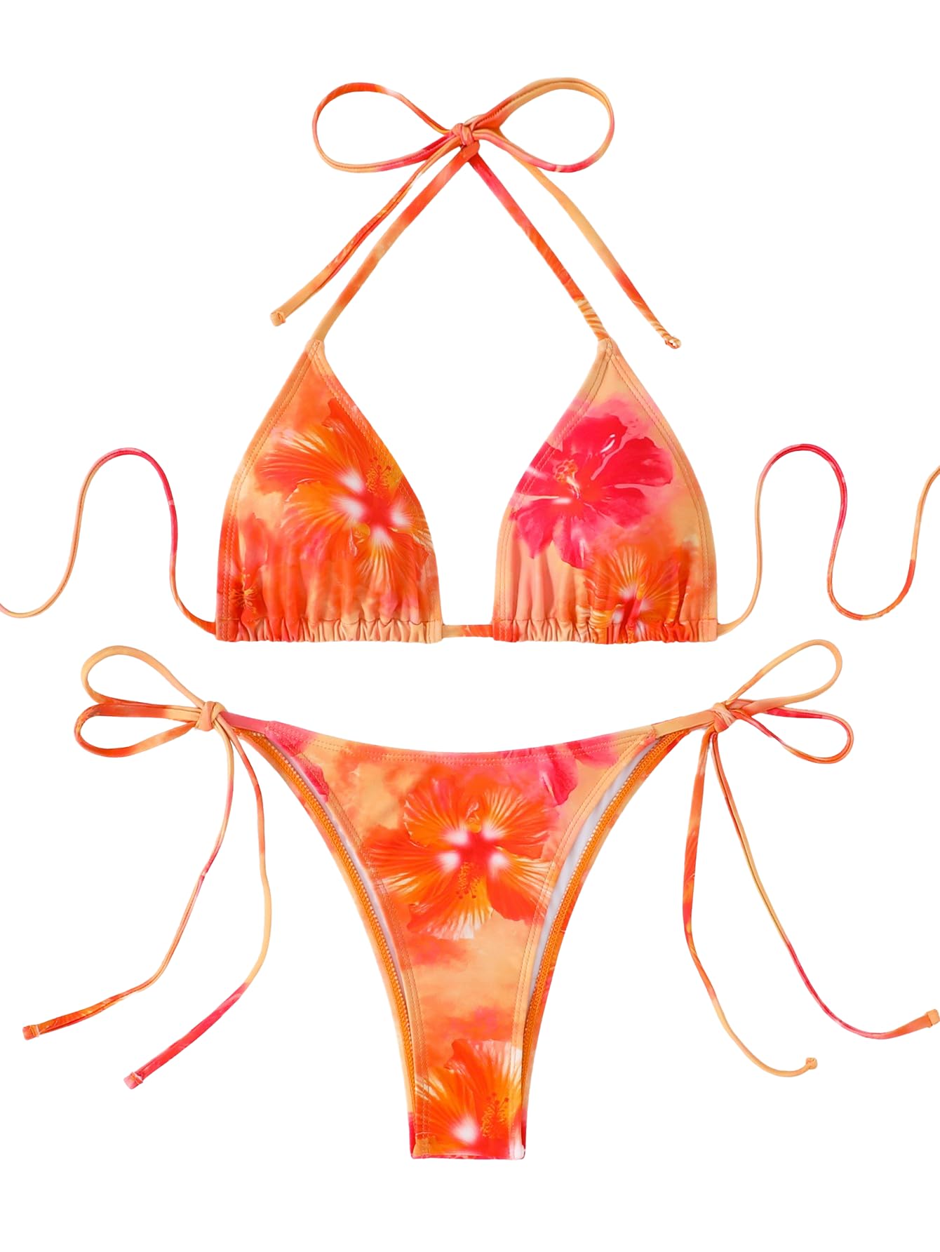 Photo 1 of SEGT Women's 2 Piece Floral Print Halter Neck Tie Bikini Set Triangle String Thong Swimsuit Summer Bathing Suits for Women Orange Floral L